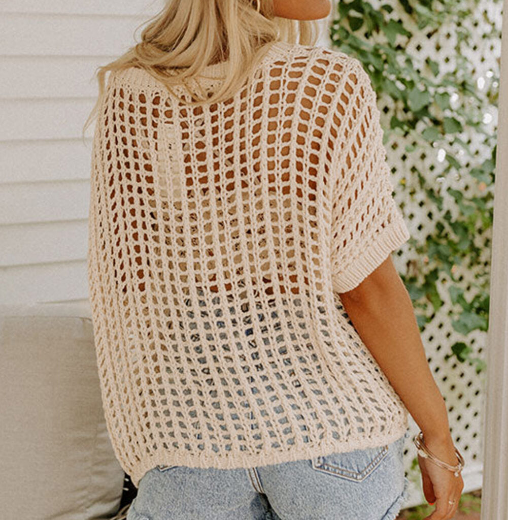 Apricot Fishnet Knit Sweater Tee with Ribbed Round Neck and Short Sleeves