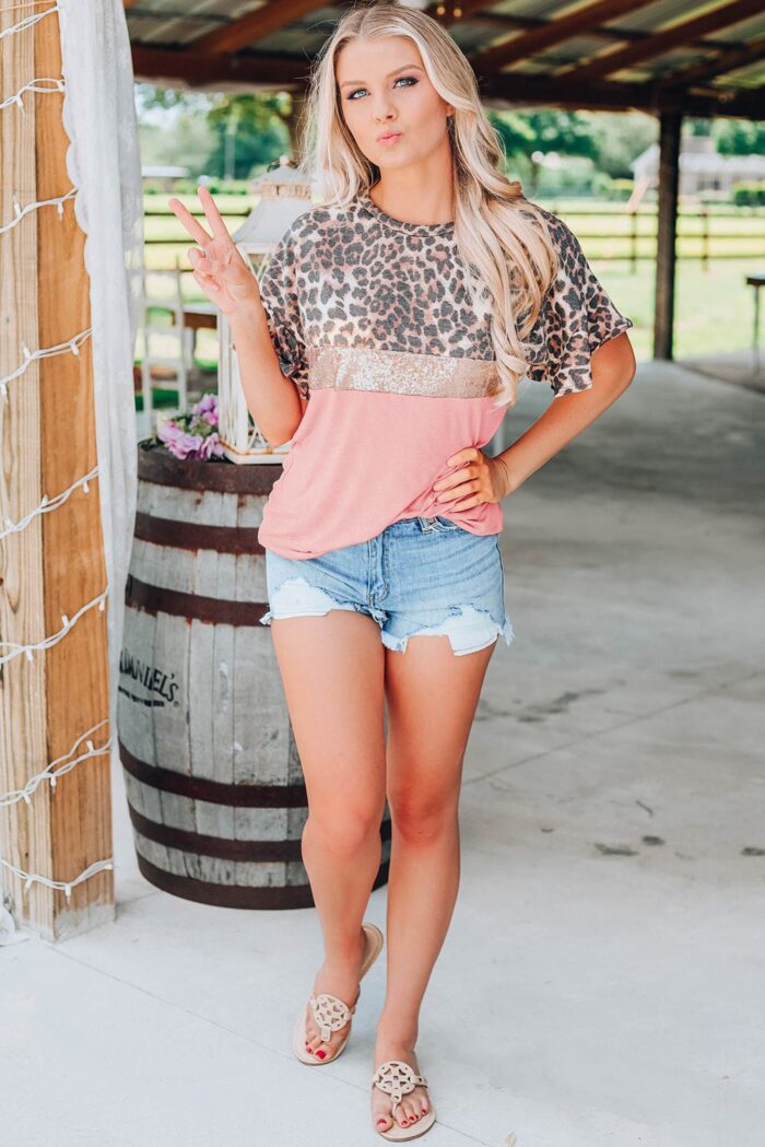 Wild Glamour-Pink Leopard Sequin Patchwork Short Sleeve Blouse