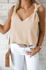 Sun-Kissed Elegance, Apricot V-Neck Vest with Shoulder Knot Detail