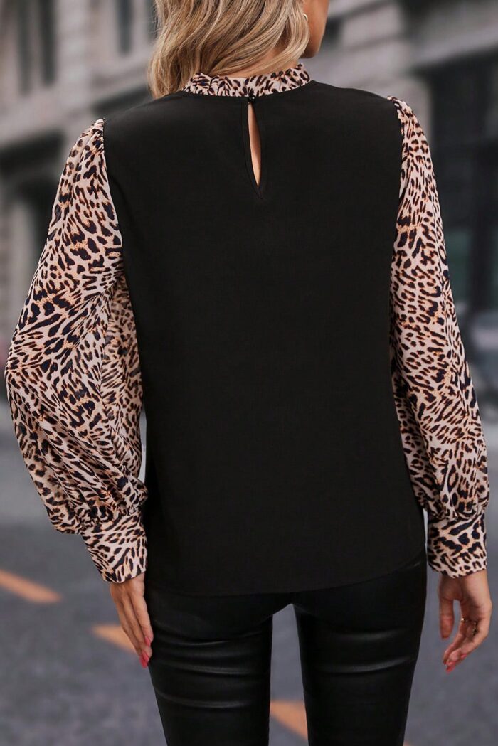 Chic Black Blouse with Contrast Leopard Print and Lantern Sleeves