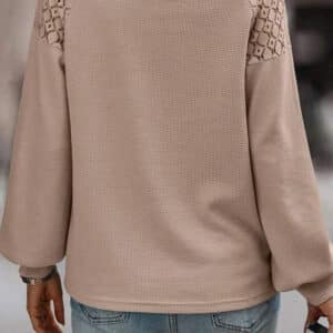 Khaki Textured Pullover with Elegant Lace Long Sleeves