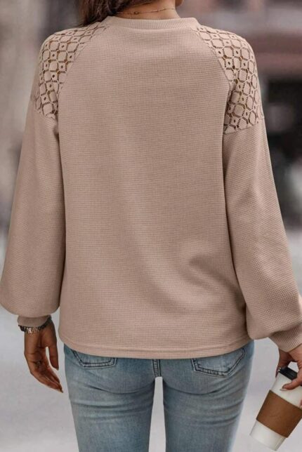 Khaki Textured Pullover with Elegant Lace Long Sleeves