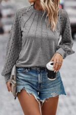 Knit Top with Chic Contrast Lace Raglan Sleeves