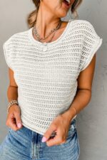 Chic White Cap Sleeve Sweater with Elegant Hollow Out Knit Design