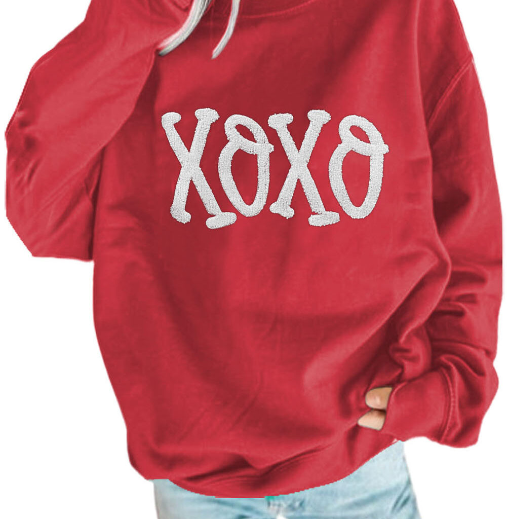 Racing Red Chenille Embroidered Alphabet Pullover Sweatshirt - Sporty Style with a Twist