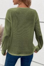 Jungle Green Textured Knit Top with V-Neck and Button Cuffs for Stylish Comfort