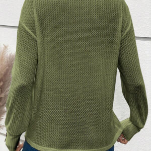 Jungle Green Textured Knit Top with V-Neck and Button Cuffs for Stylish Comfort