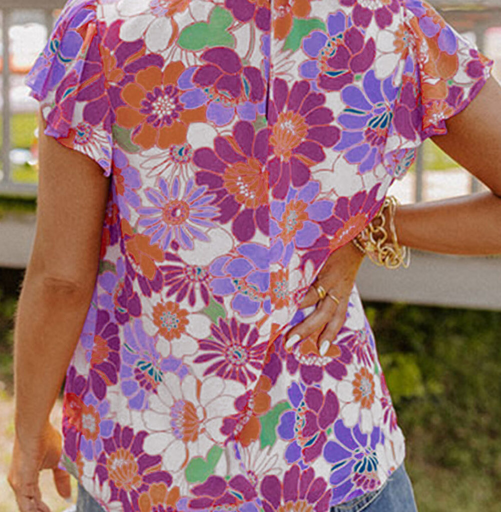 Purple Floral Top with Multicolor Stand Collar and Flutter Sleeves