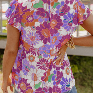 Purple Floral Top with Multicolor Stand Collar and Flutter Sleeves