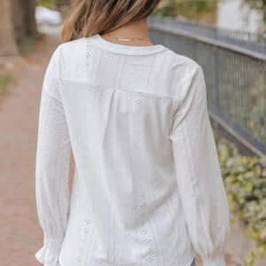 Elegant White Loose Blouse with Split Neck and Textured Design