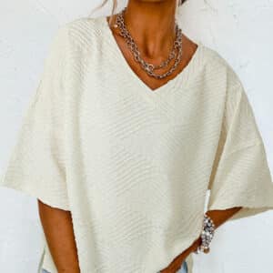 Effortless Elegance- Beige V-Neck Oversized Split Hem Top