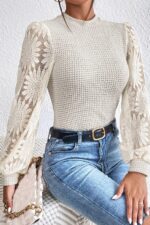 Sunflower Dreams- Beige Waffle Knit Top with Mesh Bubble Sleeves