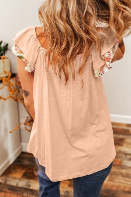 Apricot Pink Ruffle Sleeve Blouse with Square Neck and Floral Patchwork
