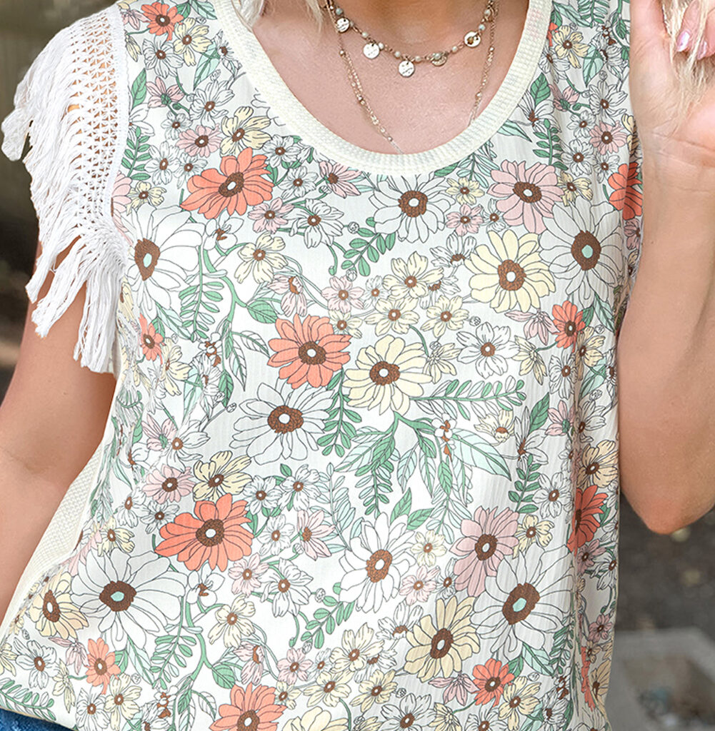 Lace-Trimmed Fringed Crochet Top in Crinkle Gauze with Floral Accents