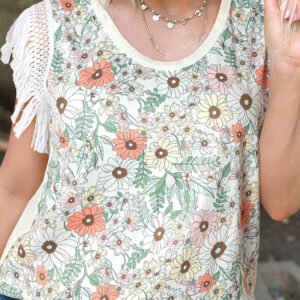 Lace-Trimmed Fringed Crochet Top in Crinkle Gauze with Floral Accents