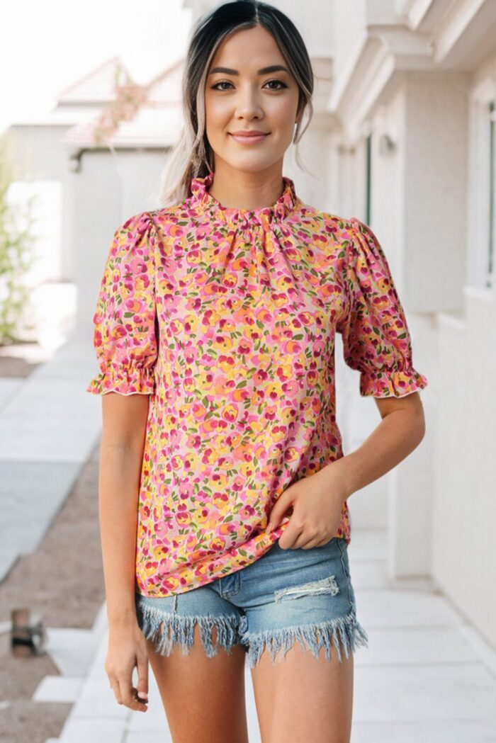 Boho Blossoms- Vibrant Orange Floral Mock Neck Blouse with Ruffle Details