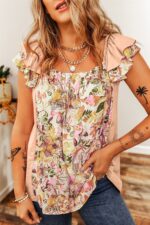 Apricot Pink Ruffle Sleeve Blouse with Square Neck and Floral Patchwork