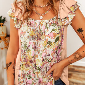 Apricot Pink Ruffle Sleeve Blouse with Square Neck and Floral Patchwork