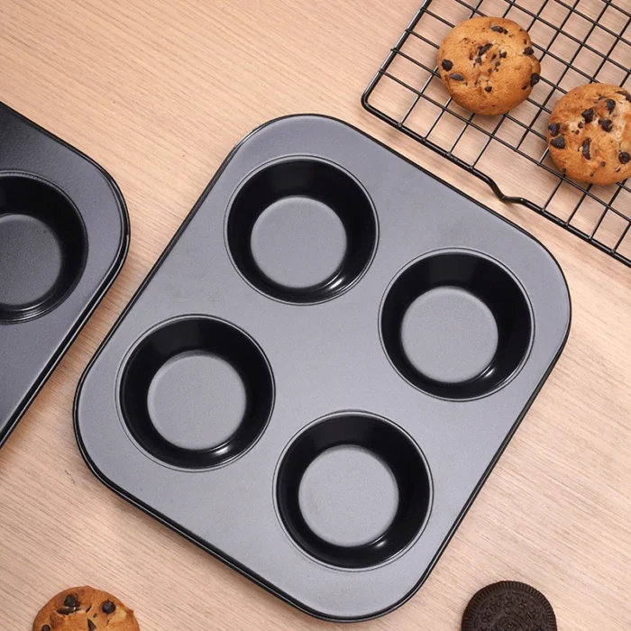 4-Hole Non-Stick Cupcake Baking Tray - Carbon Steel Muffin Pan for Cake, Egg Tart, and Biscuit Baking - Essential Round Baking Mold in Kitchen Bakeware