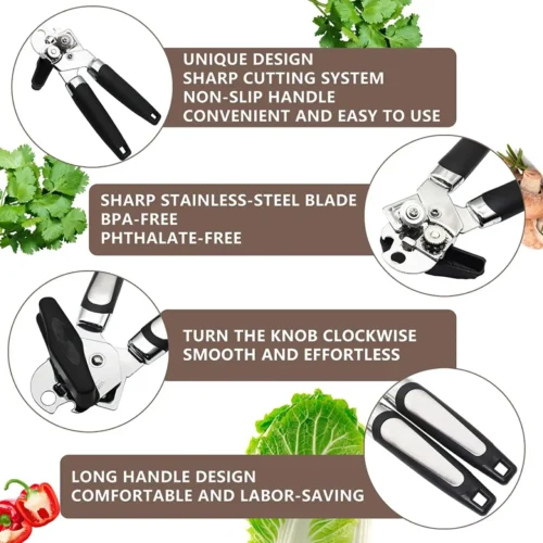 Premium Stainless Steel Tin Opener - Ergonomic Manual Can Opener for Safe and Easy Cutting