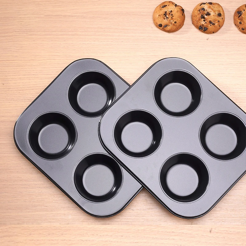 4-Hole Non-Stick Cupcake Baking Tray - Carbon Steel Muffin Pan for Cake, Egg Tart, and Biscuit Baking - Essential Round Baking Mold in Kitchen Bakeware