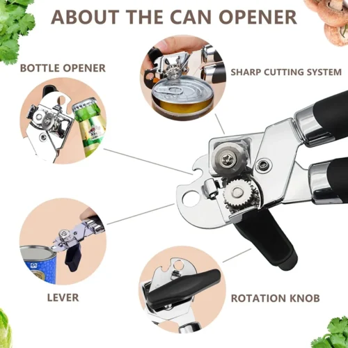 Premium Stainless Steel Tin Opener - Ergonomic Manual Can Opener for Safe and Easy Cutting