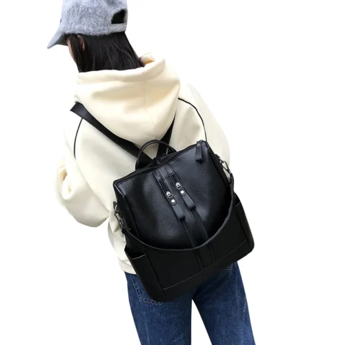 Chic PU Leather Shoulder Bag - Black Fashionable Backpack for Travel and Casual Use