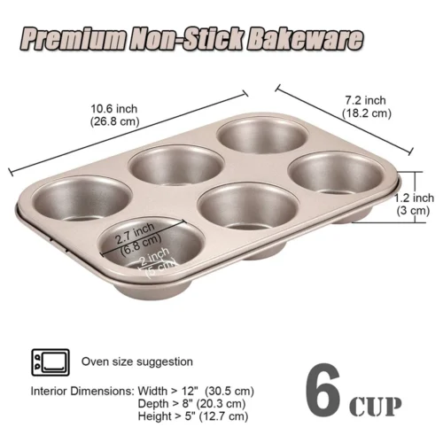 6 Cup Nonstick Muffin Pan - Durable Carbon Steel Baking Tray