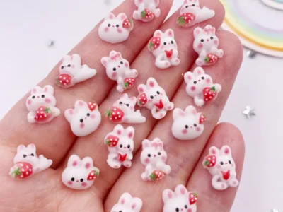 30pcs Resin Mini Kawaii Strawberry Rabbit Nail Art Flatback Stones: Ideal for Scrapbooking, Wedding Manicures, Appliques, Embellishments, and DIY Crafts