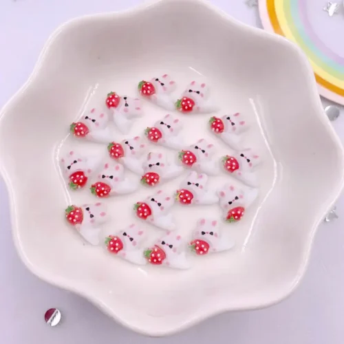 30pcs Resin Mini Kawaii Strawberry Rabbit Nail Art Flatback Stones: Ideal for Scrapbooking, Wedding Manicures, Appliques, Embellishments, and DIY Crafts