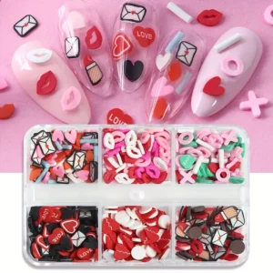 6 Grids 3D Kawaii Nail Art Charms: Love Heart, Red Lips, and Polymer Soft Clay Slice Decoration - Perfect for Valentine's Day Nail Art Accessories