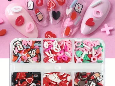 6 Grids 3D Kawaii Nail Art Charms: Love Heart, Red Lips, and Polymer Soft Clay Slice Decoration - Perfect for Valentine's Day Nail Art Accessories