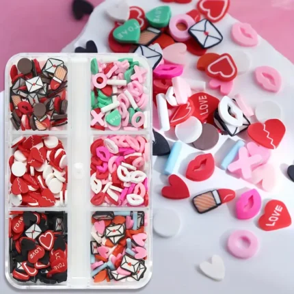 6 Grids 3D Kawaii Nail Art Charms: Love Heart, Red Lips, and Polymer Soft Clay Slice Decoration - Perfect for Valentine's Day Nail Art Accessories