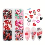 6 Grids 3D Kawaii Nail Art Charms: Love Heart, Red Lips, and Polymer Soft Clay Slice Decoration - Perfect for Valentine's Day Nail Art Accessories