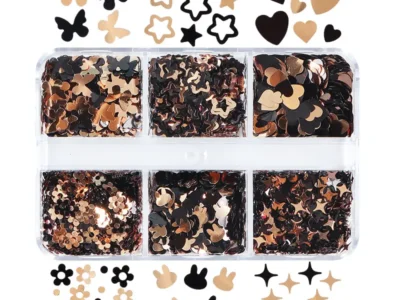 6 Grids of Luxurious Sakura Bunny Kawaii Accessories: Black and Gold Holographic Nails Sequins, Glitter Decorations, and Manicure Charms for Nail Art Enthusiasts