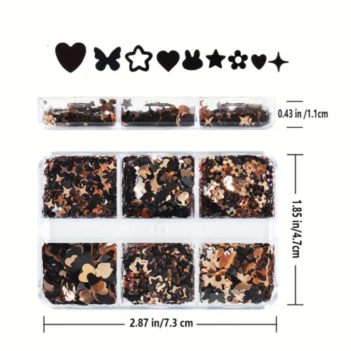 6 Grids of Luxurious Sakura Bunny Kawaii Accessories: Black and Gold Holographic Nails Sequins, Glitter Decorations, and Manicure Charms for Nail Art Enthusiasts
