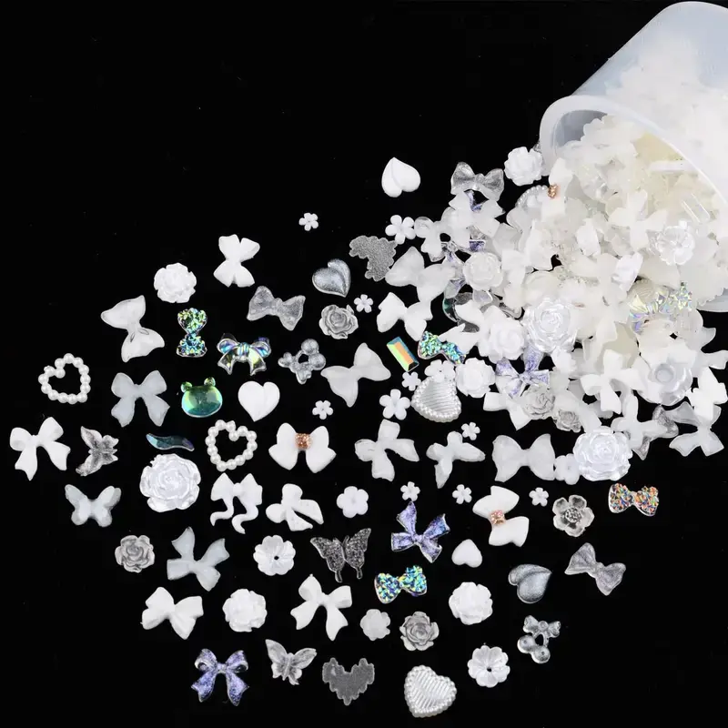 100Pcs Assorted Nail Charms: Multi-Color Pink, Purple, and White with Various Shapes - Including Hearts, Flowers, Bowknots, and Bear Designs for Creative Nail Art Manicures