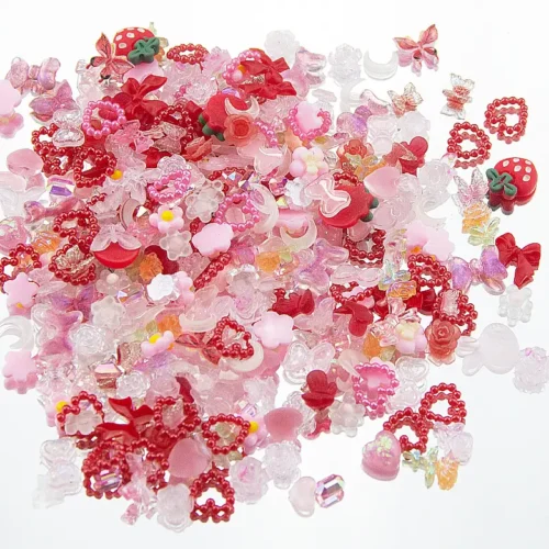 100Pcs Assorted Nail Charms: Multi-Color Pink, Purple, and White with Various Shapes - Including Hearts, Flowers, Bowknots, and Bear Designs for Creative Nail Art Manicures