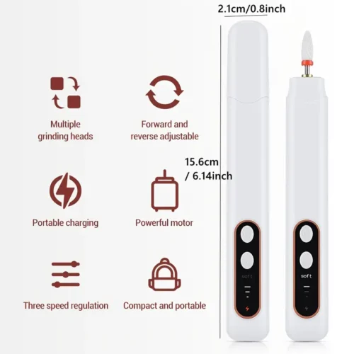 Cordless Electric Nail Drill Pen - Portable Efile Nail Drill Kit with LED Lighting, USB Rechargeable, 3 Adjustable Speeds - Professional Electric Nail Drill for Acrylic Design and Gel Nails
