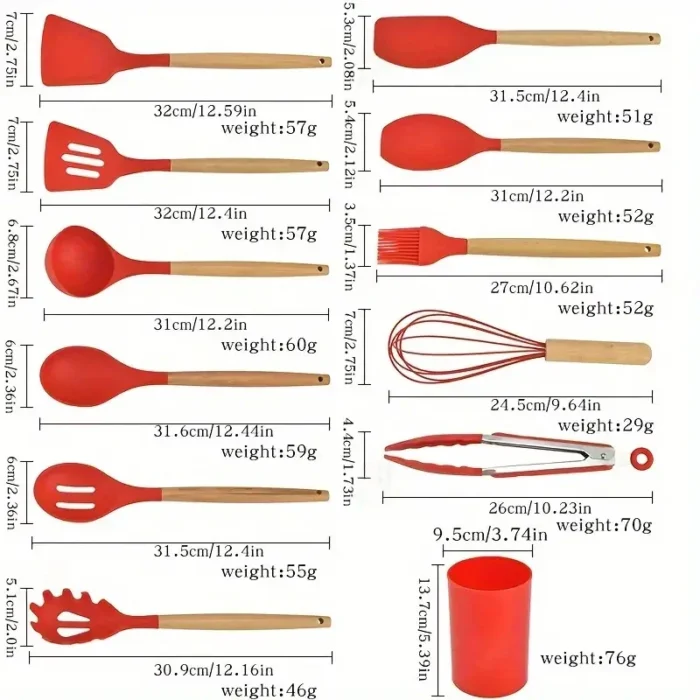 12-Piece Silicone Cooking Utensils Set with Wooden Handles - Colorful Non-Stick Cooking Tools Set, Heat Resistant and Perfect for Your Kitchen