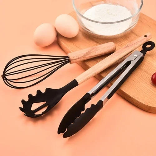 12-Piece Non-Stick Silicone Utensils Set with Wooden Handles - Spatulas, Egg Beaters, and More