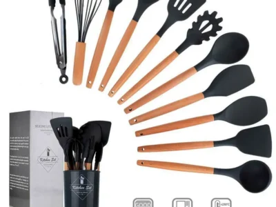 12 Piece Non Stick Silicone Kitchenware Set with Wooden Handles, Complete Cooking Tool Set