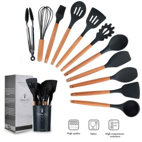 12 Piece Non Stick Silicone Kitchenware Set with Wooden Handles, Complete Cooking Tool Set