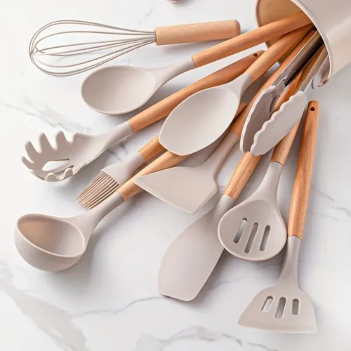 12-Piece Silicone Cooking Utensils Set - Non-Stick Kitchen Tools with Wooden Handles