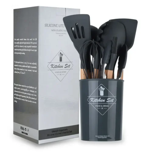 12-Piece Non-Stick Silicone Utensils Set with Wooden Handles - Spatulas, Egg Beaters, and More