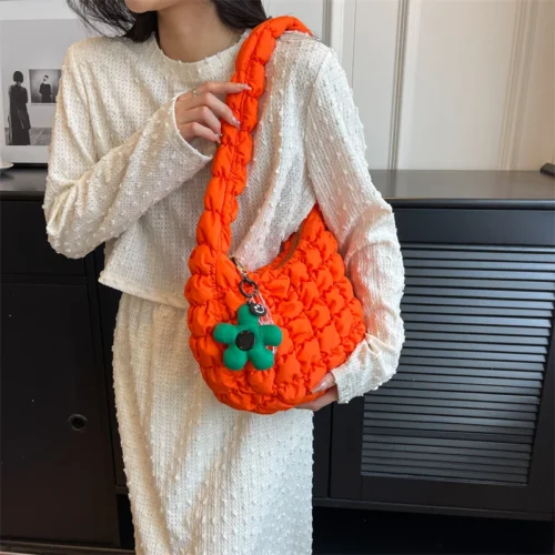 Quilted Nylon Shoulder Bag - Lightweight Candy Color Tote for Women