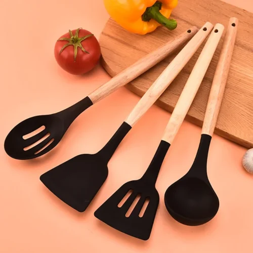 12-Piece Non-Stick Silicone Utensils Set with Wooden Handles - Spatulas, Egg Beaters, and More