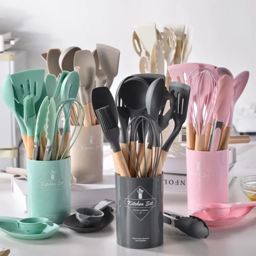 12 Piece Non Stick Silicone Kitchenware Set with Wooden Handles, Complete Cooking Tool Set