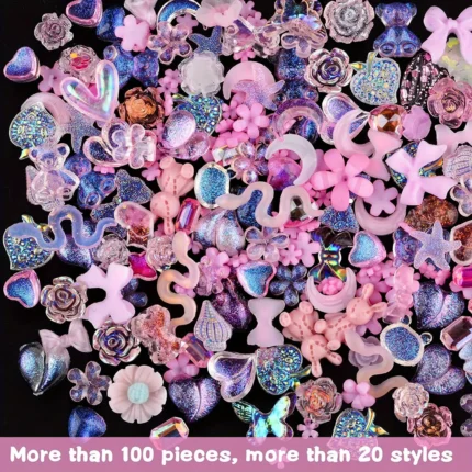 100 Pcs Acrylic Nail Charms: Butterfly, Bow, Bear, Flower, Heart, Crown Designs with AB Nail Rhinestones Crystals - Enhance Your Nail Art with Stunning Decorations