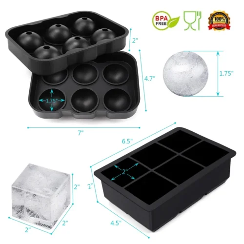 Large Ice Cube Mold for Cocktails and Whiskey – 6-Grid Round and Square Ice Cube Maker